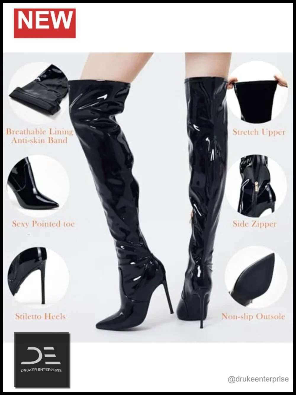 Over the Knee Boots Stiletto Heel Pointed Toe Thigh High PU Leather